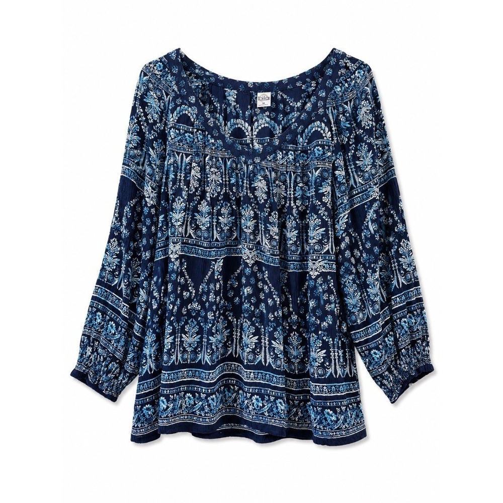 Bila Womens Blouse Top Navy Blue Boho Floral Print 100% Rayon Size M